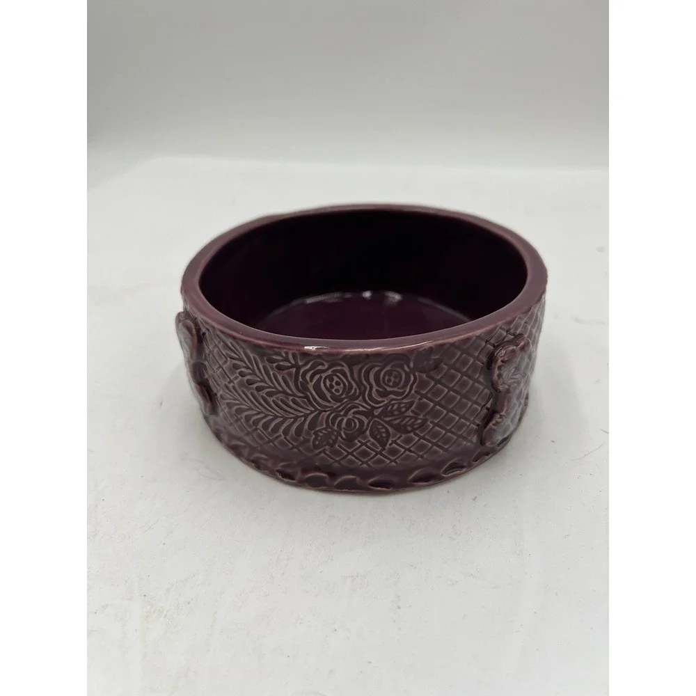 Purple Ceramic Dog Bowl RG Signed Floral Bone Design 5